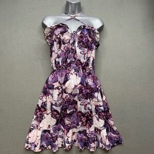 OP Women Dress Purple Floral Cotton XL Y2K Boho Sundress Halter Ruffle Fairycore